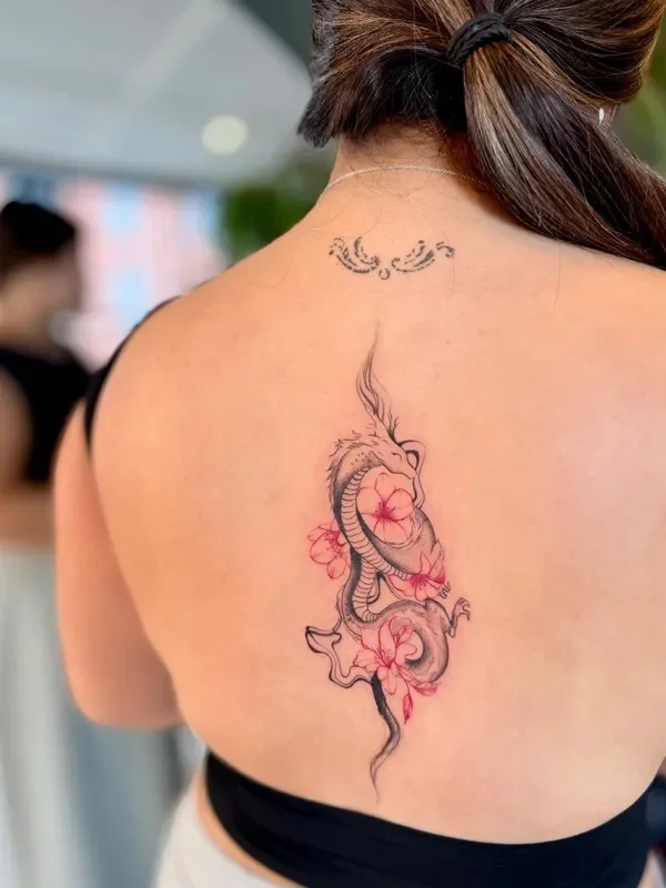 feminine dragon and flower tattoos
